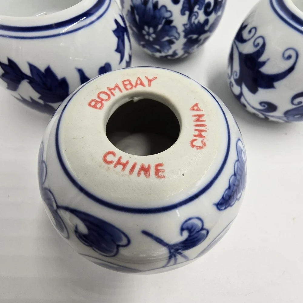 Set 4 Bombay Asian Garden Votive‎ Tea Light Candle Holders Blue & White Ceramic
